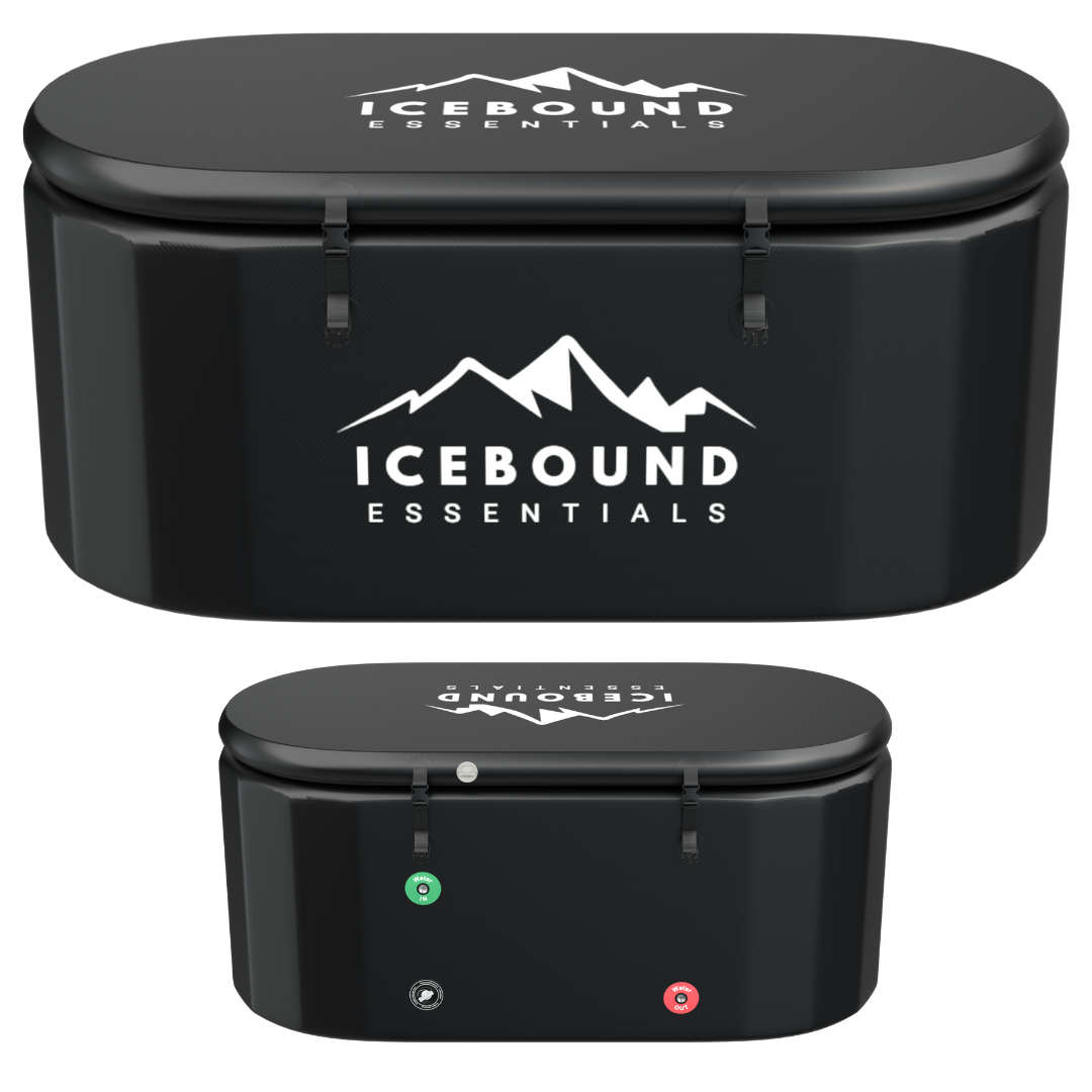 The Endeavor Ice Bath Tub by Icebound Essentials is a black oval tub featuring a mountain logo and the brand name on the front, with red and green drainage valves at the back—ideal for convenient cold therapy sessions.