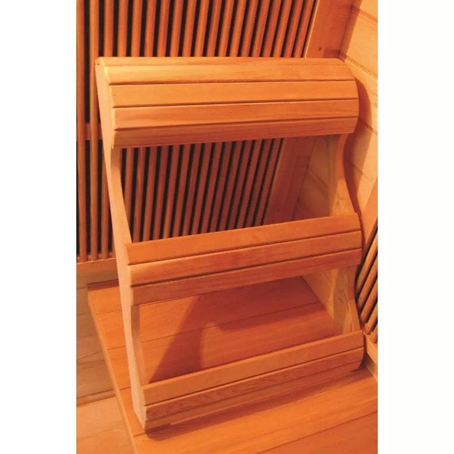 SunRay Bristol Bay 4-Person Indoor Corner Sauna 400KC features deep bench seating, ergonomic backrests, and Canadian red cedar construction.