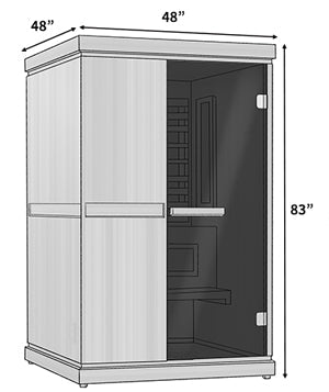 Drawing of the Finnmark FD-4 Trinity Infrared & Steam Sauna Combo, featuring a sauna door with handle and interior design elements.