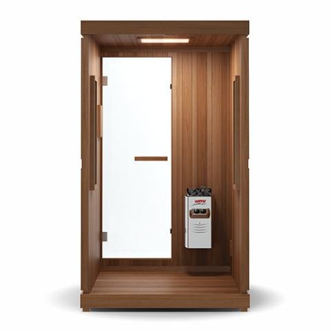Finnmark FD-4 Trinity Infrared & Steam Sauna Combo with white door, wood construction, combining infrared heaters, traditional sauna, and red light therapy.