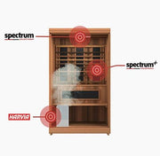 Finnmark FD-4 Trinity Infrared & Steam Sauna Combo showcasing a wooden cabinet with advanced heating elements and built-in red light therapy.