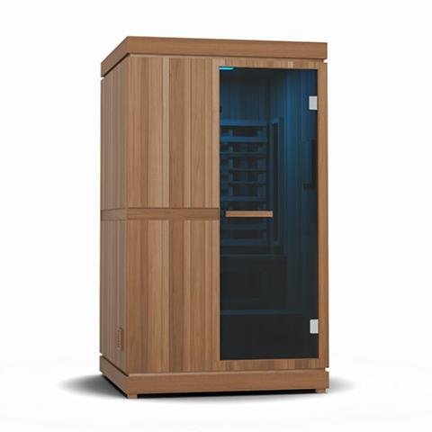 Finnmark FD-4 Trinity Infrared & Steam Sauna Combo with wooden exterior, open door, and blue light inside.