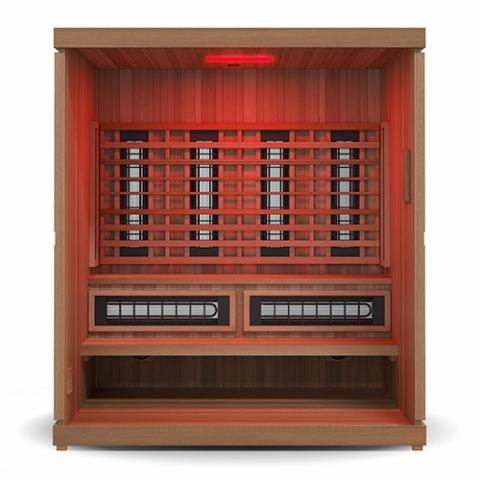 Finnmark FD-5 Trinity XL Infrared & Steam Sauna Combo, featuring a wooden exterior and red light therapy panel.