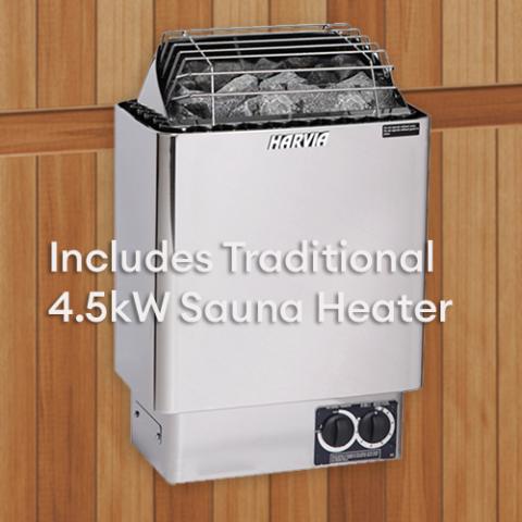 Silver Finnmark FD-5 Trinity XL Infrared & Steam Sauna Combo, featuring a black metal grill and traditional sauna heater with vulcanite stones.
