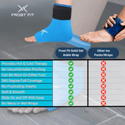 A comparison chart showcases the Icebound Essentials Frost Fit Ankle Ice Sleeve for hot and cold therapy versus other ice packs, with the sleeve shown on a foot above a table featuring checkmarks for its foot pain relief advantages.
