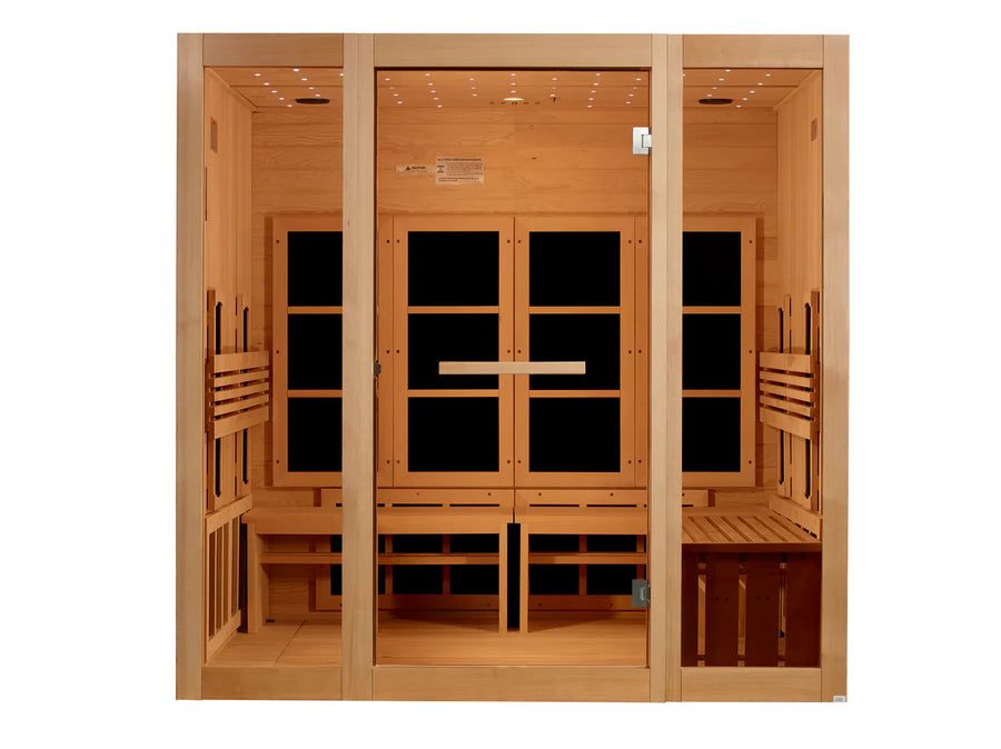 The Golden Designs 8 Person Full Spectrum Near Zero EMF FAR IR Sauna GDI-6880-03 FS features glass doors and walls, dual wooden benches, black back wall infrared panels, and built-in LED ceiling lights for a relaxing sauna experience.