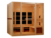 Experience relaxation with the Golden Designs 8 Person Full Spectrum Near Zero EMF FAR IR Sauna GDI-6880-03 FS, featuring glass doors and panels, interior bench seating, soft overhead lighting, and near zero EMF by Golden Designs.