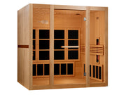 The Golden Designs 8 Person Full Spectrum Near Zero EMF FAR IR Sauna GDI-6880-03 FS features glass doors, sleek black interior heating panels, a smooth light wood finish, and a spacious, well-lit luxury design for groups.
