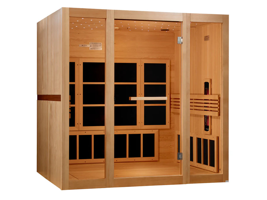 The Golden Designs 8 Person Full Spectrum Near Zero EMF FAR IR Sauna GDI-6880-03 FS features glass doors, sleek black interior heating panels, a smooth light wood finish, and a spacious, well-lit luxury design for groups.