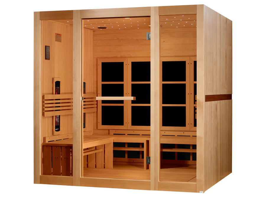 Experience luxury group relaxation in the Golden Designs 8 Person Full Spectrum Near Zero EMF FAR IR Sauna GDI-6880-03 FS with glass doors, built-in benches, black infrared wall heaters, and soft ceiling lighting by Golden Designs.