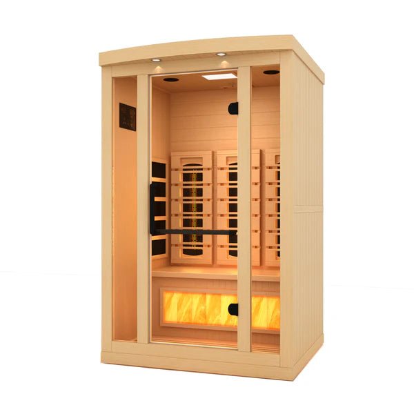 Golden Designs 2025 Reserve Edition GDI-8020-03 Full Spectrum Sauna with Himalayan Salt Bar, featuring glass doors and Canadian Hemlock Fir construction.