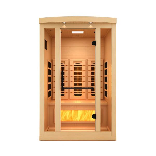 Golden Designs 2025 Reserve Edition GDI-8020-03 Full Spectrum Sauna with a glass door and Himalayan Salt Bar.