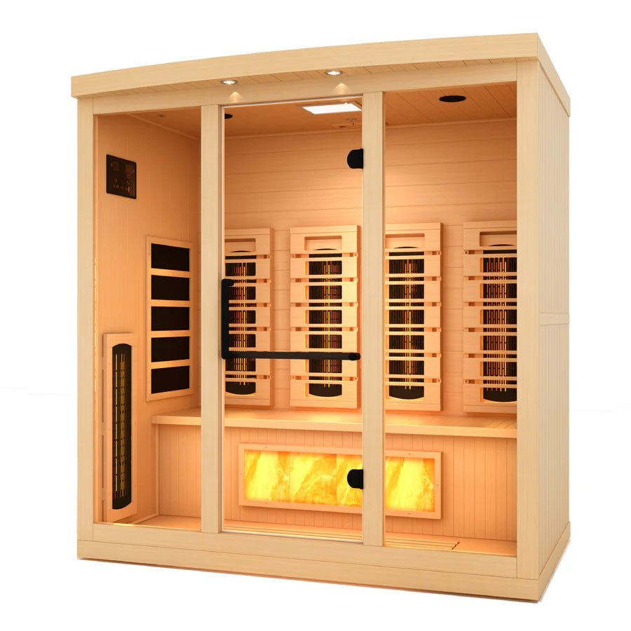 Wooden sauna with glass doors, Golden Designs 2025 Reserve Edition GDI-8040-03 Full Spectrum, Himalayan Salt Bar, 4-person capacity, Canadian Hemlock Fir construction.