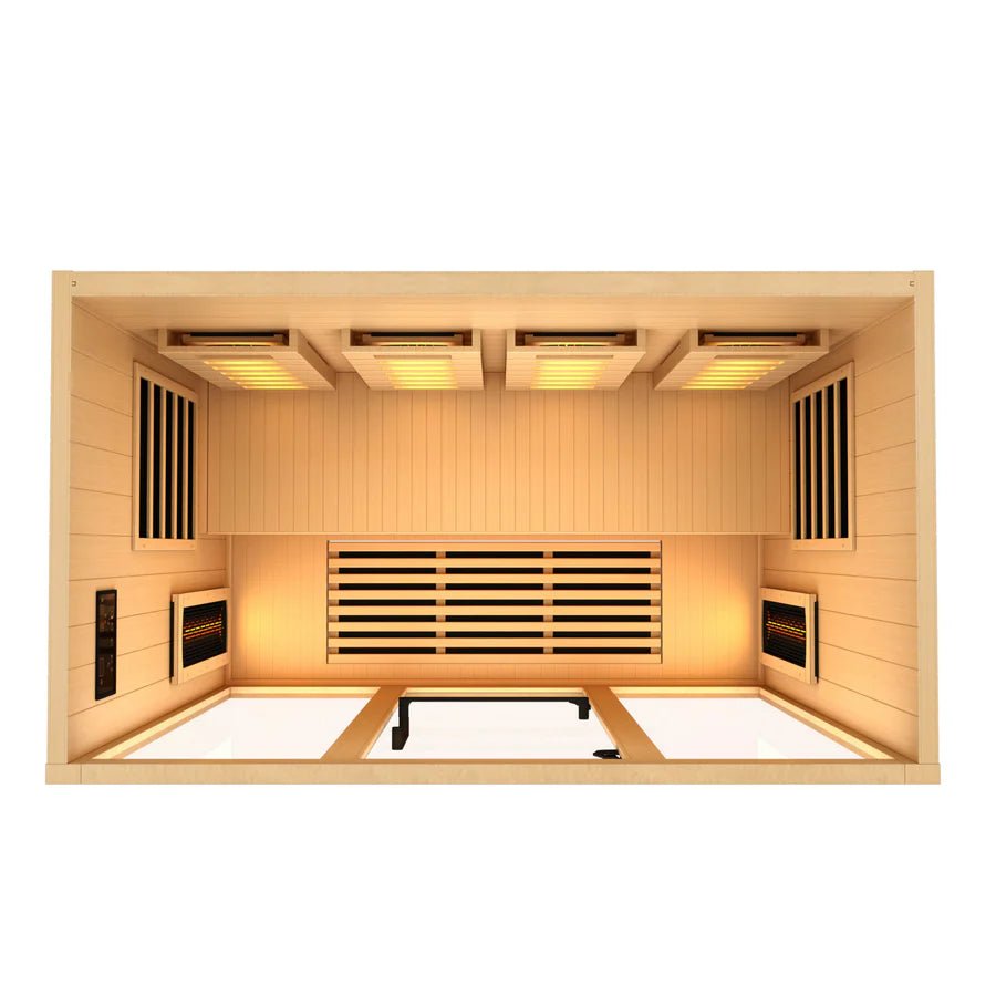 Golden Designs 2025 Reserve Edition GDI-8040-03 Full Spectrum sauna with Himalayan Salt Bar, showcasing wooden interior, lighting, and advanced heating panels.