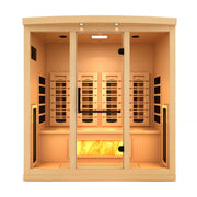 A wooden sauna with glass doors, 4-person capacity, featuring PureTech™ Heating Technology and a Himalayan Salt Bar.