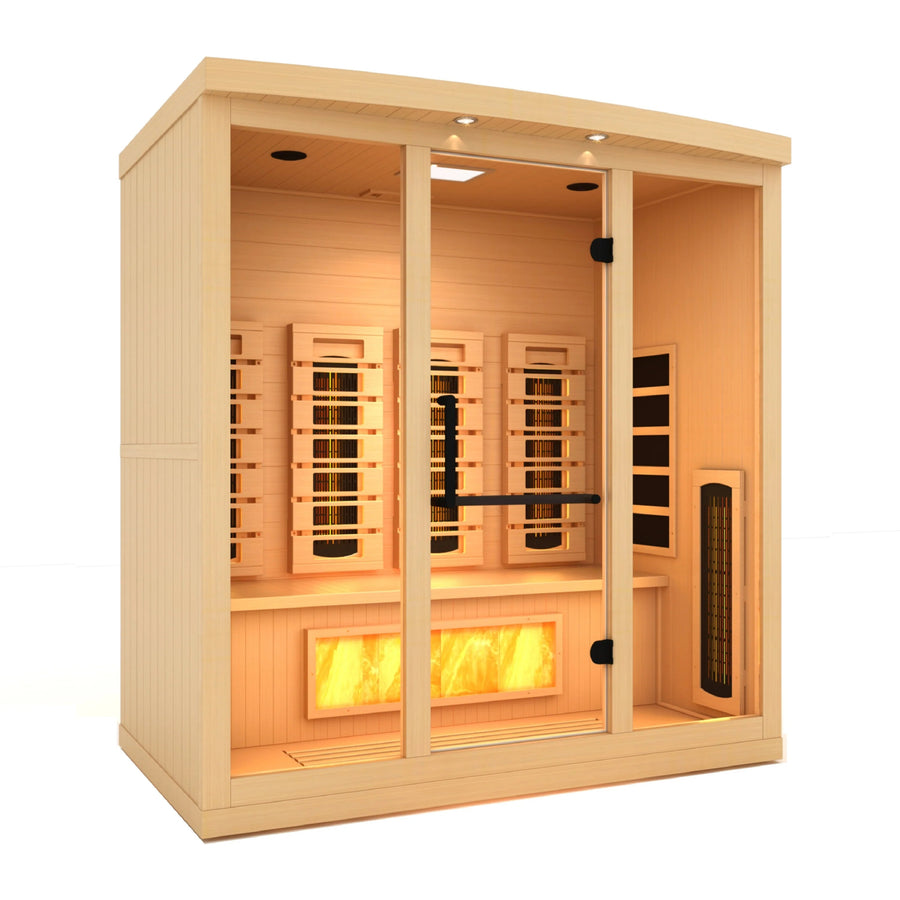 Golden Designs GDI-8040-03 Full Spectrum wooden sauna with glass doors, featuring Himalayan Salt Bar and PureTech™ Heating Technology.