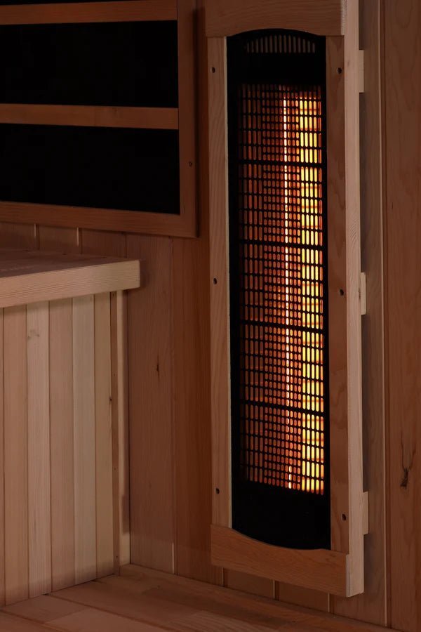 Golden Designs Reserve Edition GDI-8040-03 Full Spectrum sauna with Himalayan Salt Bar, showcasing heater panels in a wooden room.
