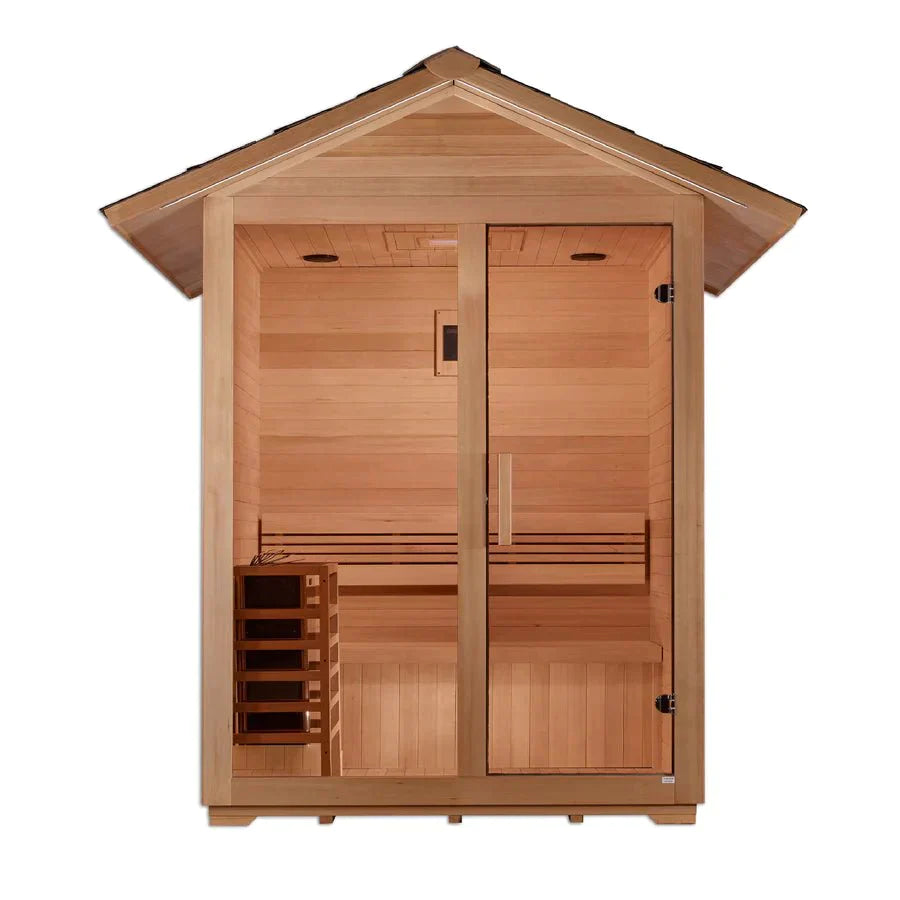 Golden Designs "Arlberg" 3 Person Traditional Outdoor Sauna - Canadian Hemlock - Lotus Massage Chairs