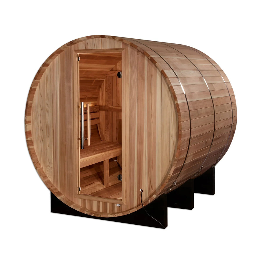 Golden Designs Arosa 4 Person Barrel Traditional Sauna - Pacific Cedar with open door, showing interior wooden bench and accessories for a home spa experience.