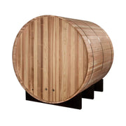 Golden Designs Arosa 4 Person Barrel Traditional Sauna - Pacific Cedar, shown on a stand, highlighting its cylindrical wooden construction.