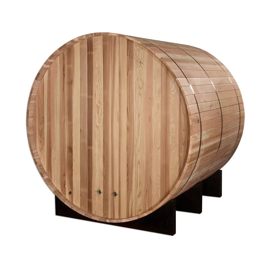 Golden Designs Arosa 4 Person Barrel Traditional Sauna - Pacific Cedar, shown on a stand, highlighting its cylindrical wooden construction.