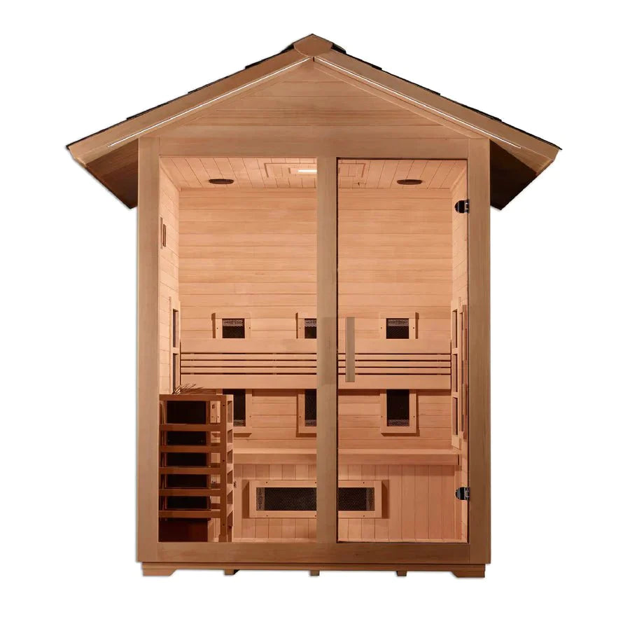 Golden Designs Carinthia 3 Person Hybrid Sauna with glass doors, Canadian Hemlock exterior, full-spectrum infrared and traditional stove options.