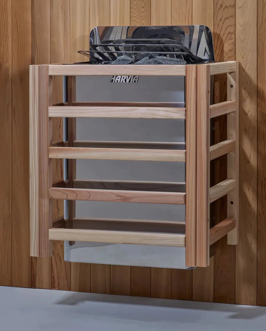 Golden Designs Carinthia 3 Person Hybrid Outdoor Sauna in Canadian Hemlock on a wooden shelf with a white background.