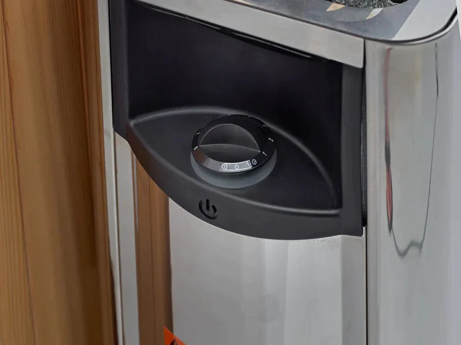Golden Designs Carinthia 3 Person Hybrid Outdoor Sauna with touchscreen control, black dial, stainless steel handle, and Canadian Hemlock exterior.