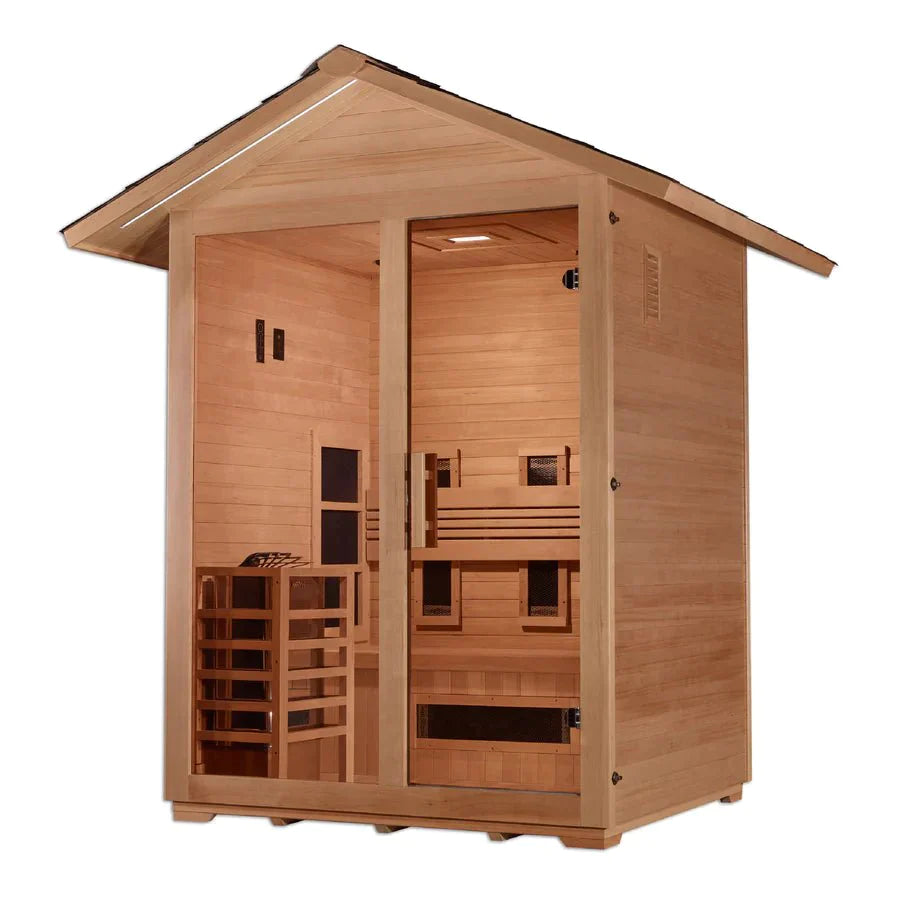 Golden Designs Carinthia 3 Person Hybrid Outdoor Sauna made of Canadian Hemlock, featuring a roof, glass panels, and wooden bench, suitable for Full Spectrum Infrared or Traditional Stove use.