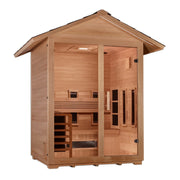 Golden Designs Carinthia 3 Person Hybrid Outdoor Sauna with Canadian Hemlock, glass door, and interior lighting.