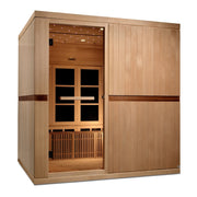 Golden Designs Catalonia 8 Person Ultra Low EMF FAR Infrared Sauna with open glass door, wooden construction, and removable benches for yoga.
