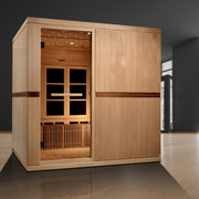 Golden Designs Catalonia 8 Person Ultra Low EMF FAR Infrared Sauna with open door, showcasing wooden construction and interior benches.