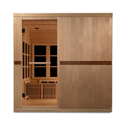 Golden Designs Catalonia 8 Person Ultra Low EMF FAR Infrared Sauna with glass door, wooden interior, and portable comfort benches.