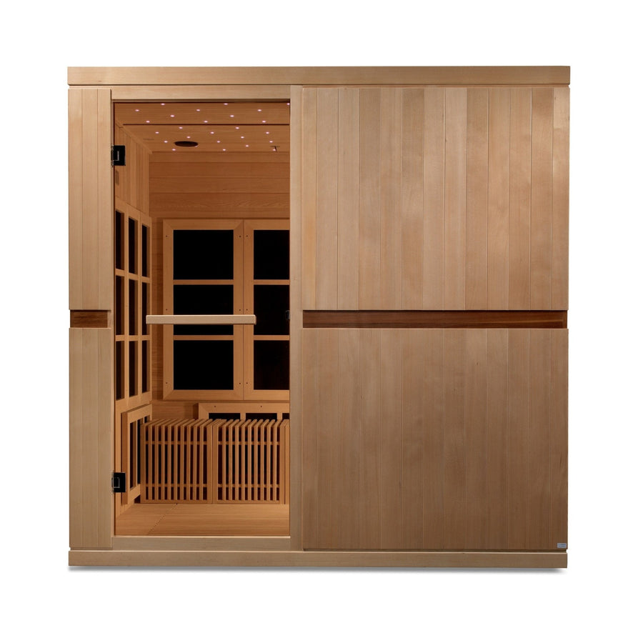 Golden Designs Catalonia 8 Person Ultra Low EMF FAR Infrared Sauna with glass door, wooden interior, and portable comfort benches.