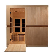 Golden Designs Catalonia 8 Person Ultra Low EMF FAR Infrared Sauna with open door and wheelchair accessibility.