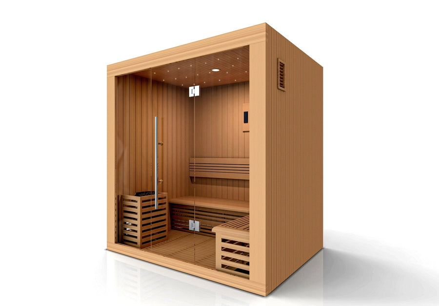 Golden Designs Copenhagen Edition 3-4 Person Traditional Steam Sauna with glass door and Canadian red cedar wood.