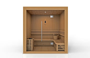 Golden Designs Copenhagen Edition 3-4 Person Traditional Steam Sauna made from Canadian red cedar, featuring a bucket, silver handle, and interior lighting.