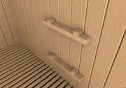 A close-up of the Golden Designs Copenhagen Edition 3-4 Person Traditional Steam Sauna, featuring Canadian red cedar construction and interior lighting.