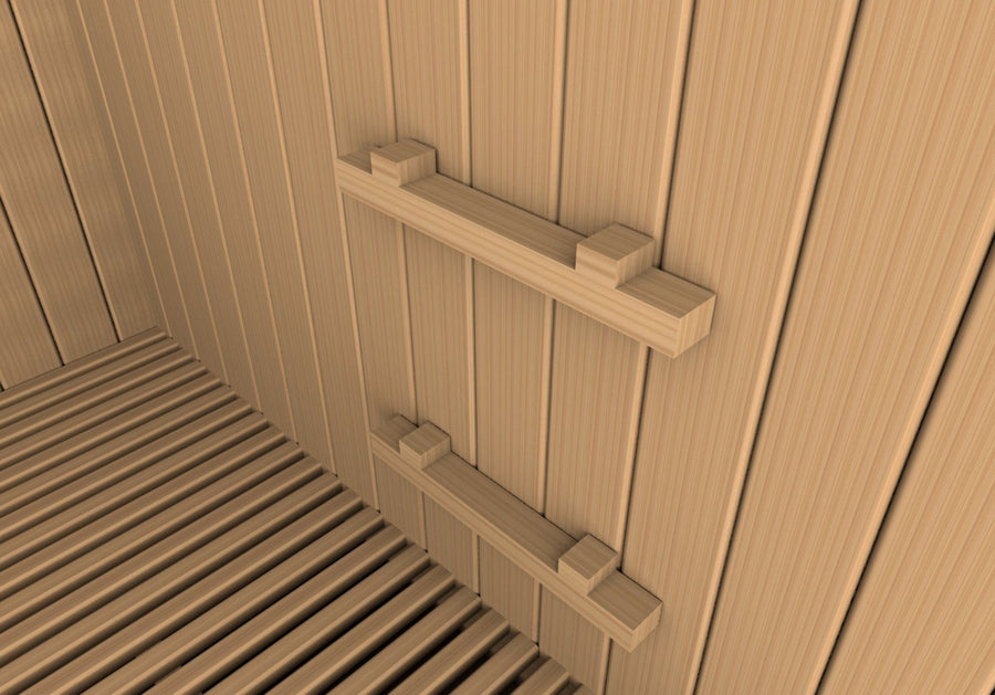 A close-up of the Golden Designs Copenhagen Edition 3-4 Person Traditional Steam Sauna, featuring Canadian red cedar construction and interior lighting.