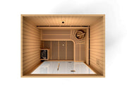 Golden Designs Copenhagen Edition 3-4 Person Traditional Steam Sauna in Canadian Red Cedar with bucket and scoop inside.