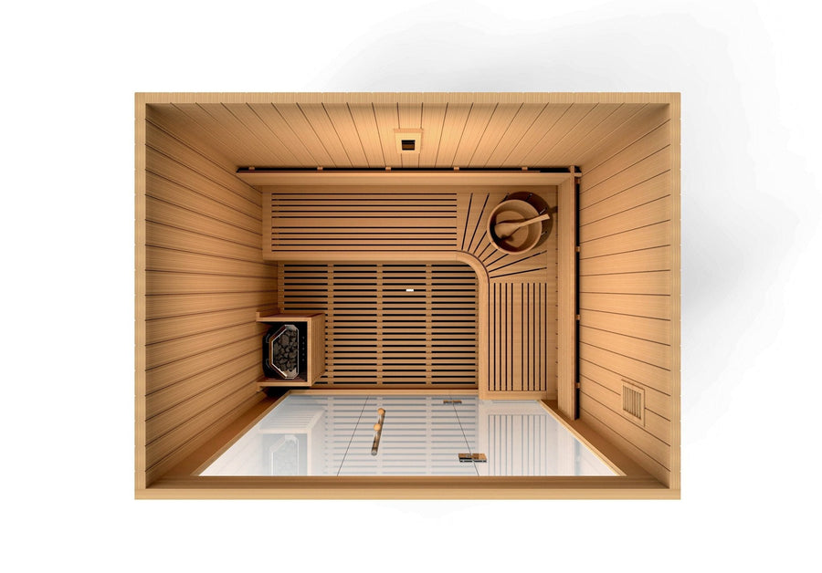 Golden Designs Copenhagen Edition 3-4 Person Traditional Steam Sauna in Canadian Red Cedar with bucket and scoop inside.