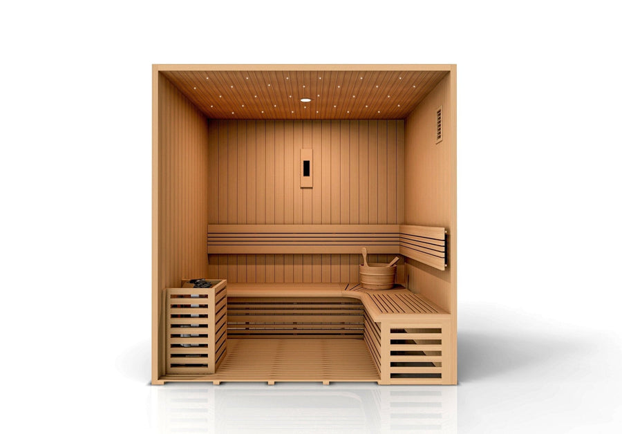 Golden Designs Copenhagen Edition 3 - 4 Person Traditional Steam Sauna in Canadian Red Cedar with wooden bucket and bench inside.