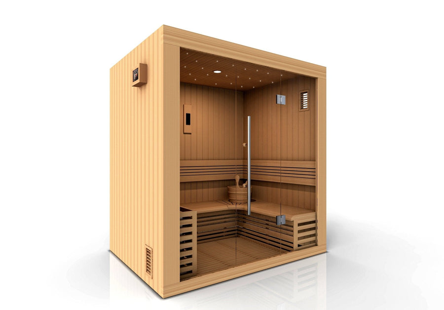 Golden Designs Copenhagen Edition 3-4 Person Traditional Steam Sauna with glass door, metal handle, and wooden bucket in Canadian Red Cedar.