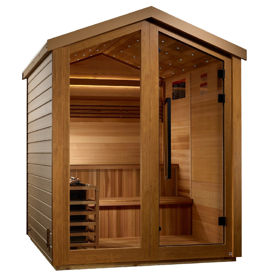 Golden Designs Kaarina 6-Person Outdoor-Indoor Traditional Sauna with glass doors and Canadian Red Cedar wood interior.