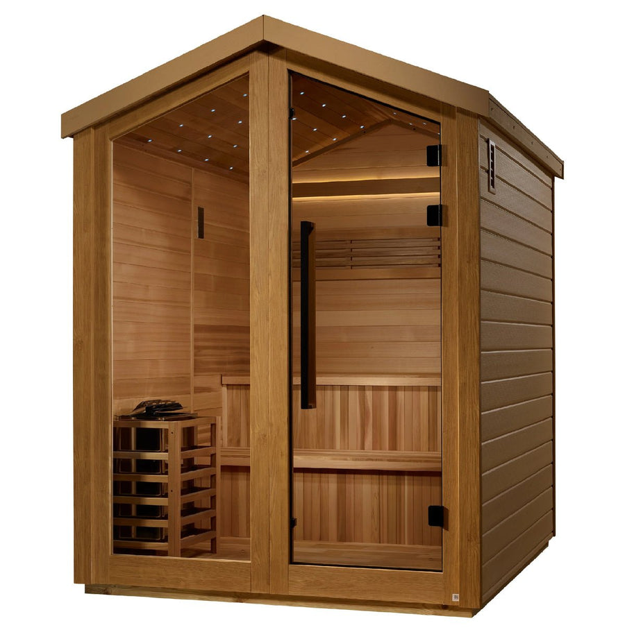 Golden Designs Kaarina 6-Person Outdoor-Indoor Traditional Sauna with glass doors and red cedar wood interior.