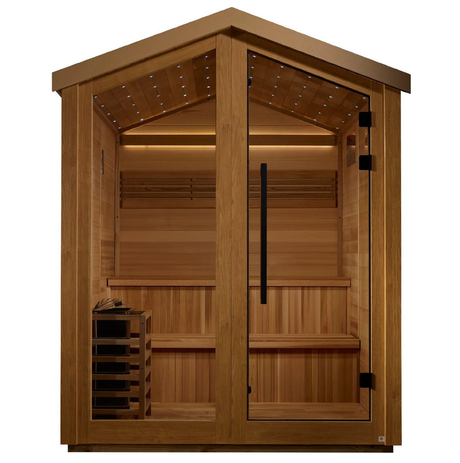 Golden Designs Kaarina 6-Person Outdoor-Indoor Traditional Sauna with glass doors and Canadian Red Cedar interior, featuring chromotherapy lighting and touch screen controls.