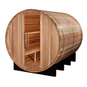 Golden Designs Klosters 6 Person Barrel Traditional Sauna - Pacific Cedar with an open door, showcasing interior backrest, accent lighting, and wooden construction.