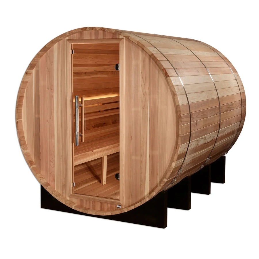 Golden Designs Klosters 6 Person Barrel Traditional Sauna - Pacific Cedar with an open door, showcasing interior backrest, accent lighting, and wooden construction.