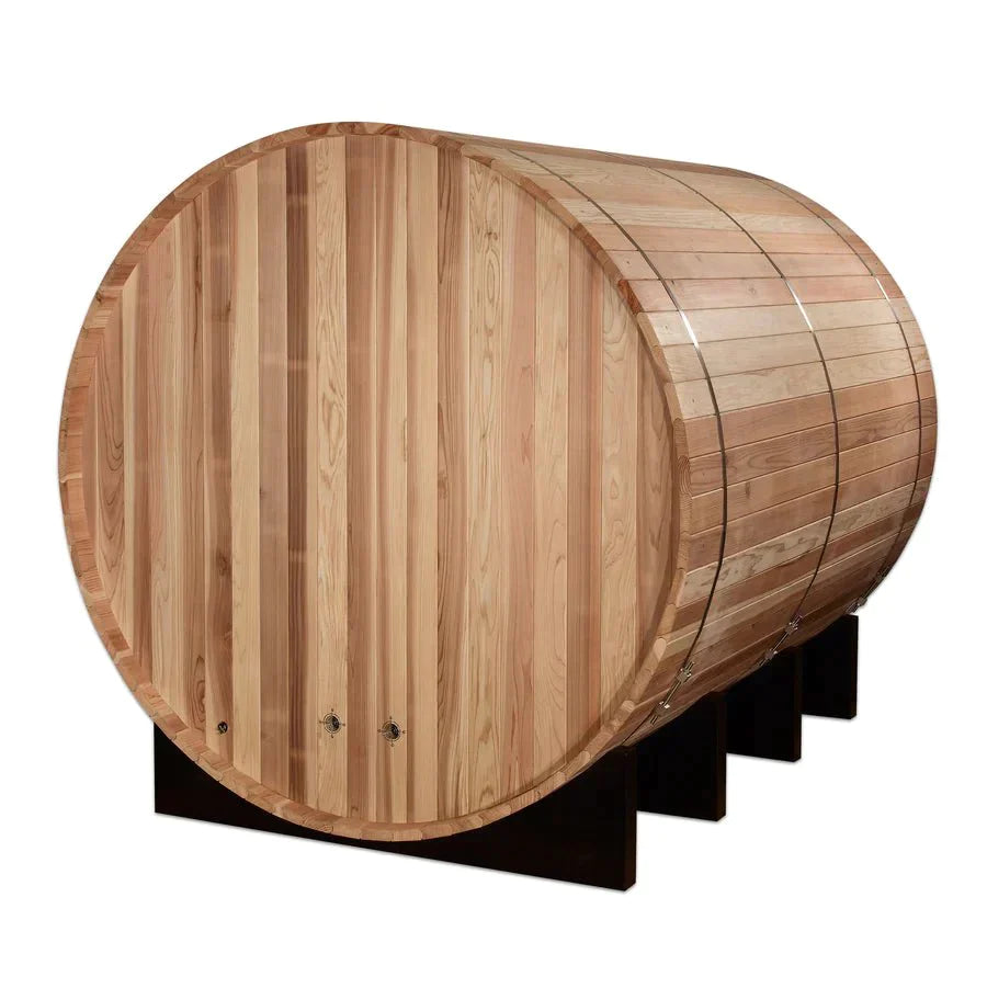 Golden Designs Klosters 6 Person Barrel Traditional Sauna - Pacific Cedar, featuring metal rings, on a stand, with accessories like a sandglass and thermometer.