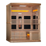Golden Designs Reserve Edition 3-Person Full Spectrum PureTech™ Near Zero EMF FAR Infrared Sauna with Himalayan Salt Bar, featuring Canadian Hemlock construction and advanced heating panels.